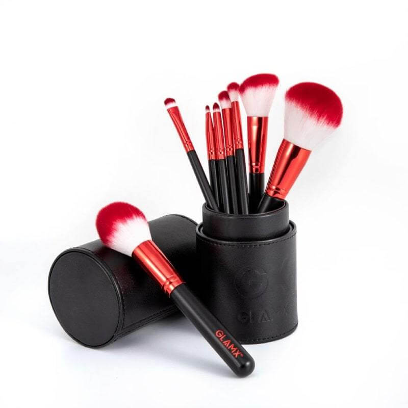 8 Piece Candy Apple Red and Black Makeup Brush Set | GX21